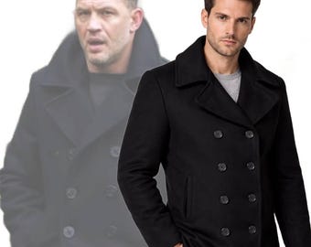 Casaco masculino preto de lã inspirado em Tom Hardy – peça elegante para ocasiões formais e casuais.
