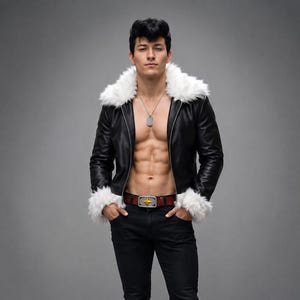 May include: Black leather jacket with white faux fur trim on the collar and cuffs. The jacket has a silver zipper and a brown belt with a gold buckle. The person is wearing black jeans and a silver dog tag necklace.