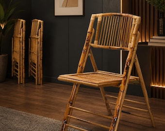Set of 4 Bamboo Folding Chairs, Rustic Boho Rattan Dining Patio Seating (No Assembly)