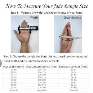 May include: Image showing how to measure your hand for a jade bangle. Step 1 shows measuring hand width with a caliper and circumference with a measuring tape. Step 2 provides a size chart with measurements in millimeters.