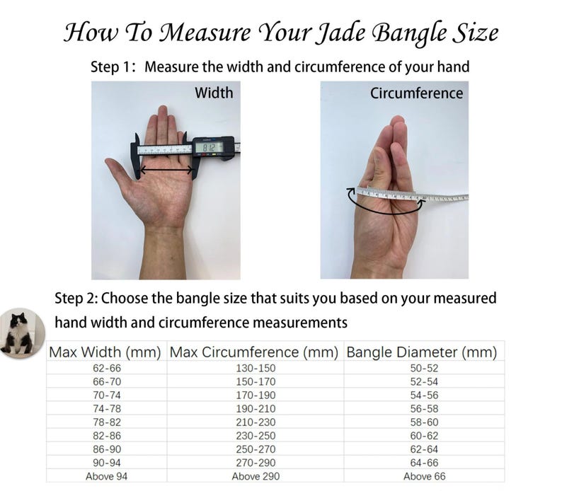 May include: Image showing how to measure your hand for a jade bangle. Step 1 shows measuring hand width with a caliper and circumference with a measuring tape. Step 2 provides a size chart with measurements in millimeters.