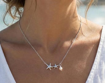 Collar de estrellas de mar con perlas: Estrella de mar dorada o plateada con perla, joyería de playa, collar de verano