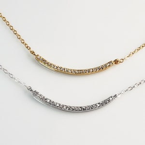 CZ curve bar necklace, cz bar necklace, cubic zirconia necklace, diamond bar necklace, gold filled necklace, sterling silver necklace