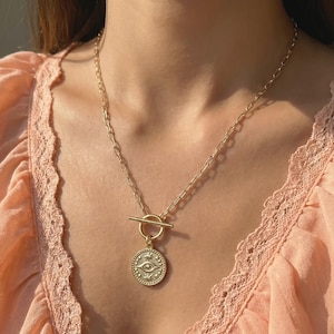 Gold Evil Eye Toggle Necklace: Boho Pendant, Front Clasp