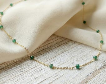 Green onyx beaded necklace on 14k gold filled chain, gemstone satellite necklace