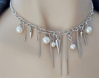 Srebrny naszyjnik z kolcami – Choker z łańcuszkiem typu statement – Biżuteria punkrockowa – Naszyjnik gotycki – Estetyka grunge – Regulowany metalowy choker