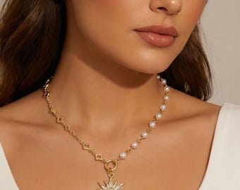 Gold Sun Pendant Necklace Set • Swarovski Pearl Chain & Stud Earrings
