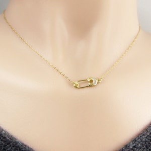 Small safety pin necklace, gold safety pin, silver safety pin, side safety pin necklace