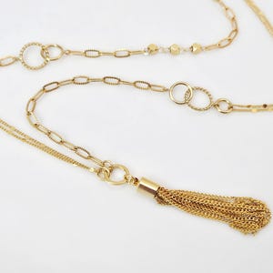30&quot; long gold necklace, long layering necklace, gold tassel necklace, mixed chain