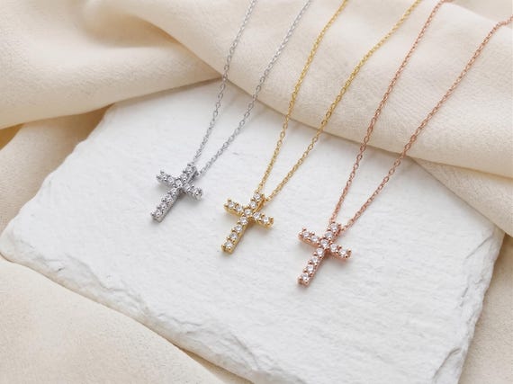 Dainty CZ Cross Necklace: Minimalist Cross Charm on Gold Filled or Sterling Silver