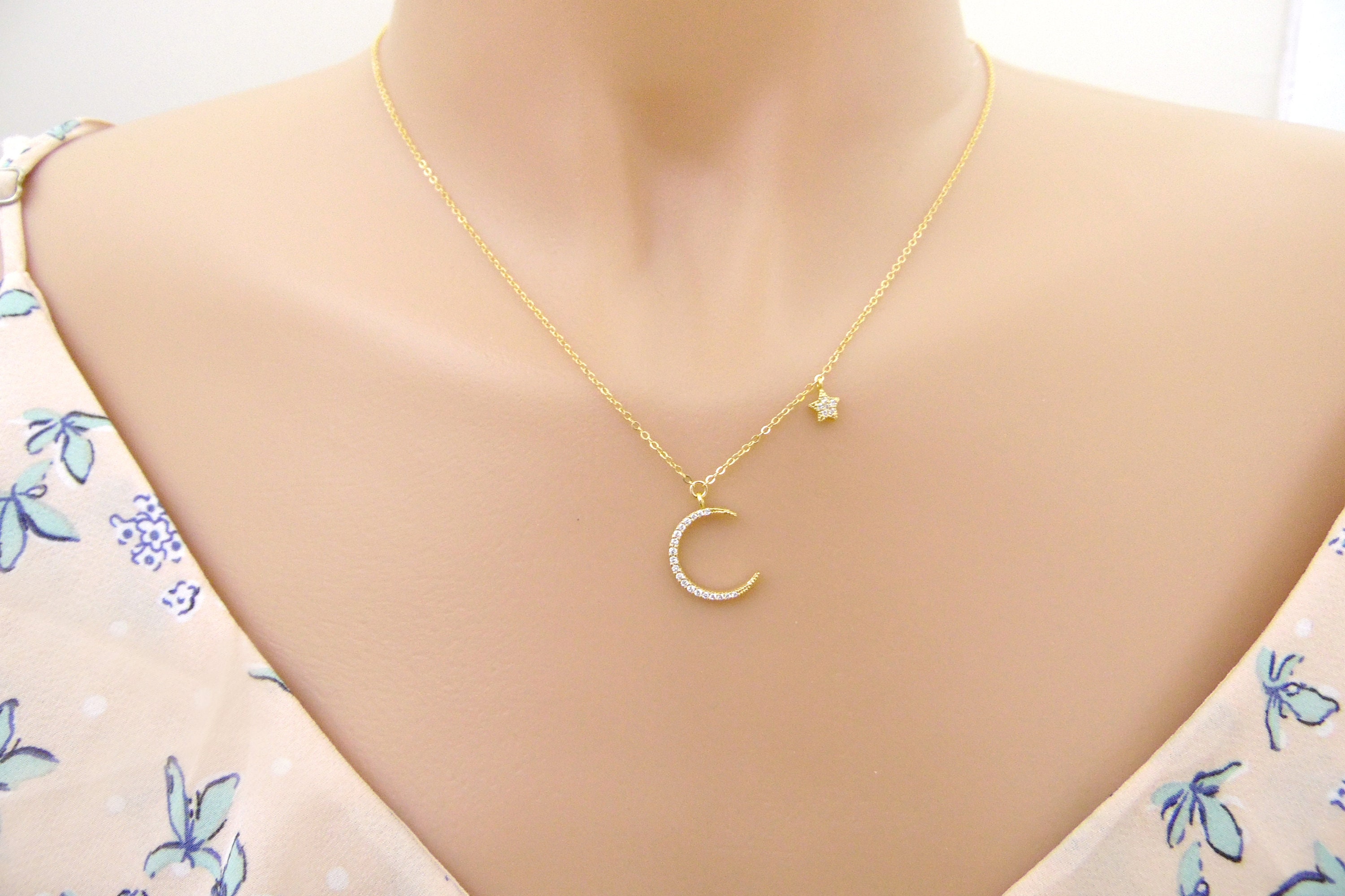 Moon and Star Necklace, Moon and Stars, Gold Moon and Star, Silver