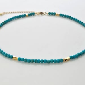 Turquoise and Gold Choker Necklace – Dainty Beaded Choker – Genuine Turquoise Faceted Bead Necklace – Layering Boho Jewelry
