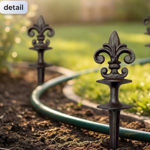 May include: Black metal fleur-de-lis hose guides installed in a garden bed. The guides are spaced along a green garden hose, with the text "ELEGANCE THAT WORKS" and "A hose guide that looks like garden decor".