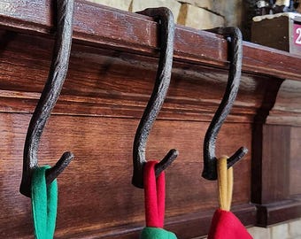 Rustic Cast Iron Christmas Stocking Holder: Antique Brown Branch Mantel Hook, 9 lbs hanging capacity