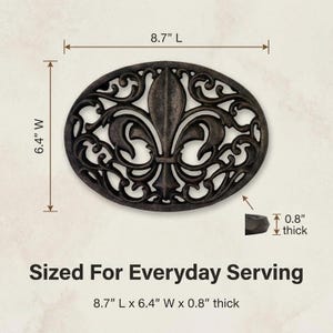 Cast Iron Fleur de Lis Trivet Set | Antique Brown Oval & Rectangle Kitchen Protector image 5