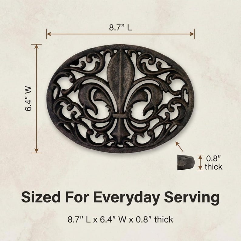 Cast Iron Fleur de Lis Trivet Set | Antique Brown Oval & Rectangle Kitchen Protector image 5