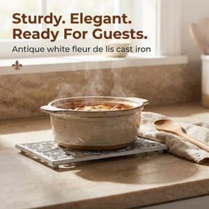 Cast Iron Fleur de Lis Trivet Set | Antique Brown Oval & Rectangle Kitchen Protector image 12
