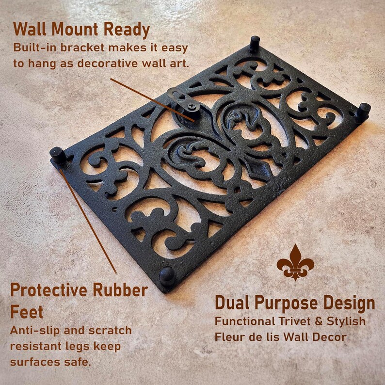 Cast Iron Fleur de Lis Trivet Set | Antique Brown Oval & Rectangle Kitchen Protector image 13