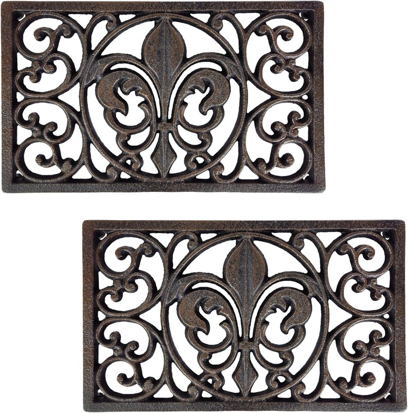 Cast Iron Fleur de Lis Trivet Set | Antique Brown Oval & Rectangle Kitchen Protector 10" Black 2 Pcs