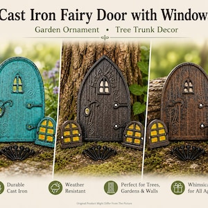 May include: Cast iron fairy doors with windows in teal, brown, and dark brown. Each door has a small window and is accompanied by two matching window accents. The text reads "Cast Iron Fairy Door with Windows" and "Garden Ornament".