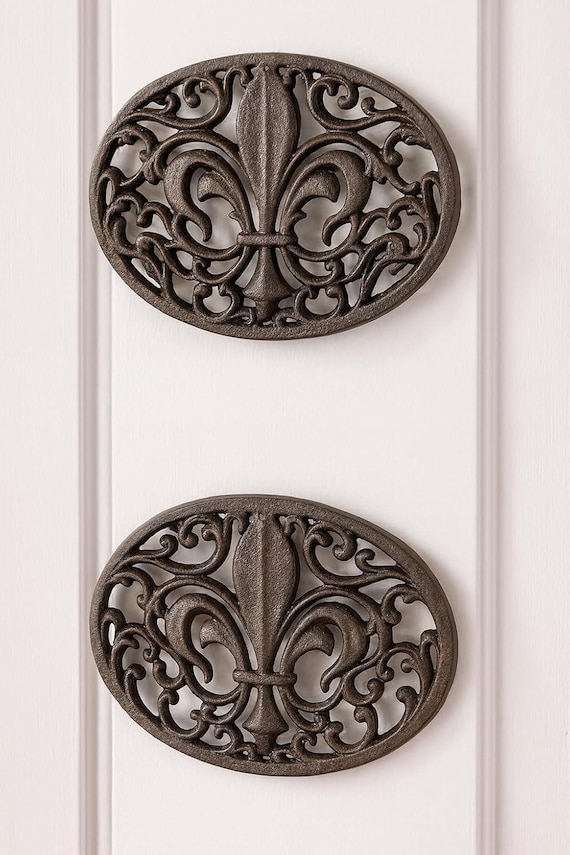 Cast Iron Fleur de Lis Trivet Set | Antique Brown Oval & Rectangle Kitchen Protector