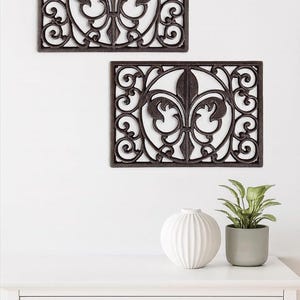 Cast Iron Fleur de Lis Trivet Set | Antique Brown Oval & Rectangle Kitchen Protector 13" Black 2 Pcs