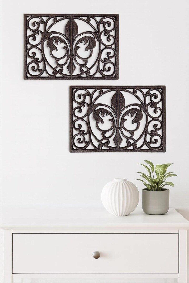 Cast Iron Fleur de Lis Trivet Set | Antique Brown Oval & Rectangle Kitchen Protector 13" Black 2 Pcs