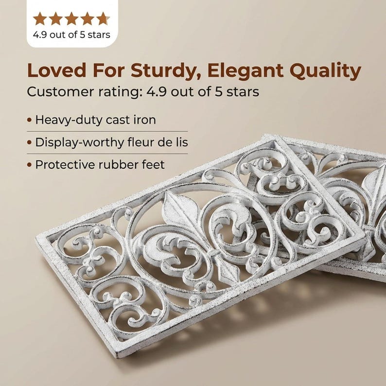 Cast Iron Fleur de Lis Trivet Set | Antique Brown Oval & Rectangle Kitchen Protector image 17