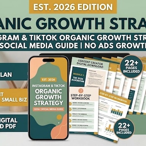 Könnte beinhalten: Ein digitaler Marketing-Leitfaden mit dem Titel "Organic Growth Strategy" für Instagram und TikTok, mit dem Text "No Ads Growth Plan" und "For Content Creators & Small Biz". Der Leitfaden enthält ein Arbeitsbuch und ist als sofortiges digitales PDF verfügbar.