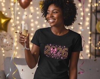 Hello 2026 Leopard Print New Year PNG – Pink Glitter Glam Bow Design for DTF, Sublimation, Trendy NYE Shirt Transfer, High Resolution