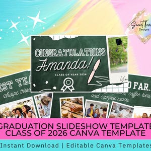 Op de afbeelding: Een afstudeer-diavoorbeeldsjabloon met een roze en turquoise achtergrond. Het ontwerp bevat de tekst "Gefeliciteerd Amanda! Klas van het jaar 2026" op een schoolbord, samen met foto's en de tekst "Beste jaar" en "Tot nu toe".