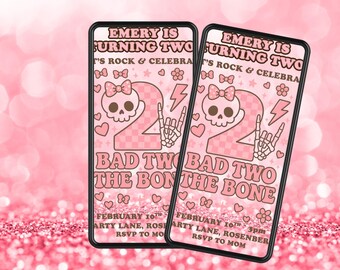 Bad Two The Bone Birthday Invitation | Retro Skull, Pink Goth (Animated Download)