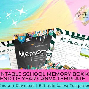 May include: Printable school memory box kit templates with a First Day, Memory, and All About Me design. The templates feature school-themed illustrations and text, with a colourful background.