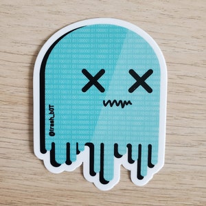 May include: A blue and white ghost sticker with a binary code pattern and two black X's for eyes. The ghost is dripping with black lines, giving it a melting effect.