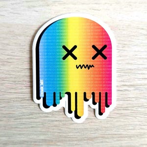 May include: A colorful sticker featuring a ghost-like character with binary code and the text "@trash_bot". The design includes a rainbow gradient, black cross-out eyes, and a zig-zag mouth, with dripping effect.