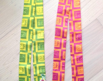 Y2K Graphic Skinny Satin Scarf, Cyberpunk Print Art Hair Ribbon & Necktie, Rave Alt Festival Bag Accessory