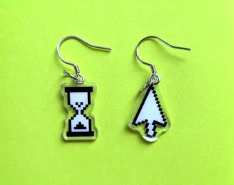 Pixel Cursor Dangle Earrings, Y2K Retro Mouse Arrow & Hourglass Drop Earrings, Asymmetric 8-Bit Acrylic Cyber Jewelry, Alt Gamer Gift