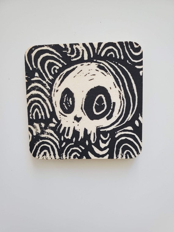 trash_b0t Street Art Linocut Block Print Skull Art Magnet One of a Kind