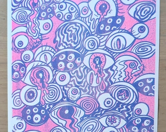 Iconic Monster Neon Pink and Blue Risograph Print | trashb0t Street Art