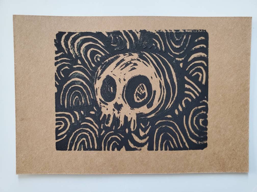 trash_b0t Street Art Linocut Block Print Skull Art Magnet One of a Kind