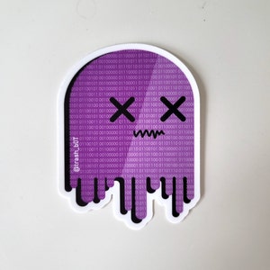 May include: A purple ghost sticker with a binary code pattern and a pair of X's for eyes. The ghost is dripping with a black outline.