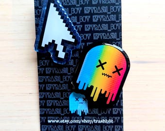 Pixel Mouse Cursor Desktop Icon and Rainbow trashb0t Ghost Monster Y2K Punk Acrylic Pins | Pack of 2