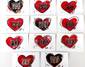 Pack of 3 One of a Kind Cartoon Heart Street Art Lino Print Postcards | trashb0t Street Art