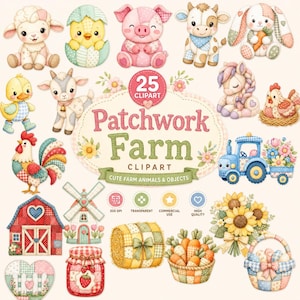 Pacchetto di clipart Patchwork Farm – Animali kawaii trapuntati ad acquerello e fiori primaverili, 25 PNG