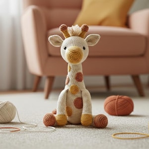 May include: A crocheted giraffe toy featuring a cream-colored body with brown and yellow circular spots, a textured mane, and small horns. The giraffe has a rounded snout and is seated upright, surrounded by several balls of yarn in matching colors.