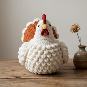 May include: A handmade crochet chicken figurine with a white body, orange and white tail feathers, and a red comb. The chicken has a yellow beak and is sitting on a wooden surface. A small vase with a dried flower is to the right.