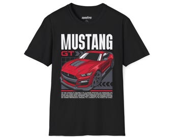 Ford Mustang GT Poster Style Unisex Softstyle T-Shirt, Muscle Car Shirt, Automotive Enthusiast Gift, Vehicle Specifications Tee, Engine Top