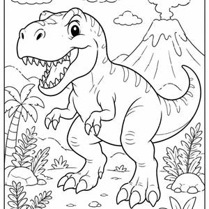 May include: A black and white line art colouring page featuring a cartoon Tyrannosaurus Rex standing in a prehistoric landscape. The scene includes a smoking volcano in the background, palm trees, leafy plants, rocks, and fluffy clouds in the sky.