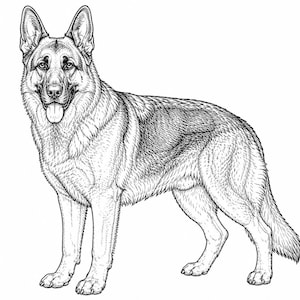 Pode incluir: Ilustração detalhada em preto e branco de um cão Pastor Alemão. O cão está em pé, virado para a frente, com a língua ligeiramente de fora. O pelo é meticulosamente renderizado, mostrando as marcas características da raça.
