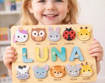 Rompecabezas de nombres de animales para bebés, rompecabezas de madera con nombres, rompecabezas con clavijas, decoración infantil, regalo para el primer cumpleaños.